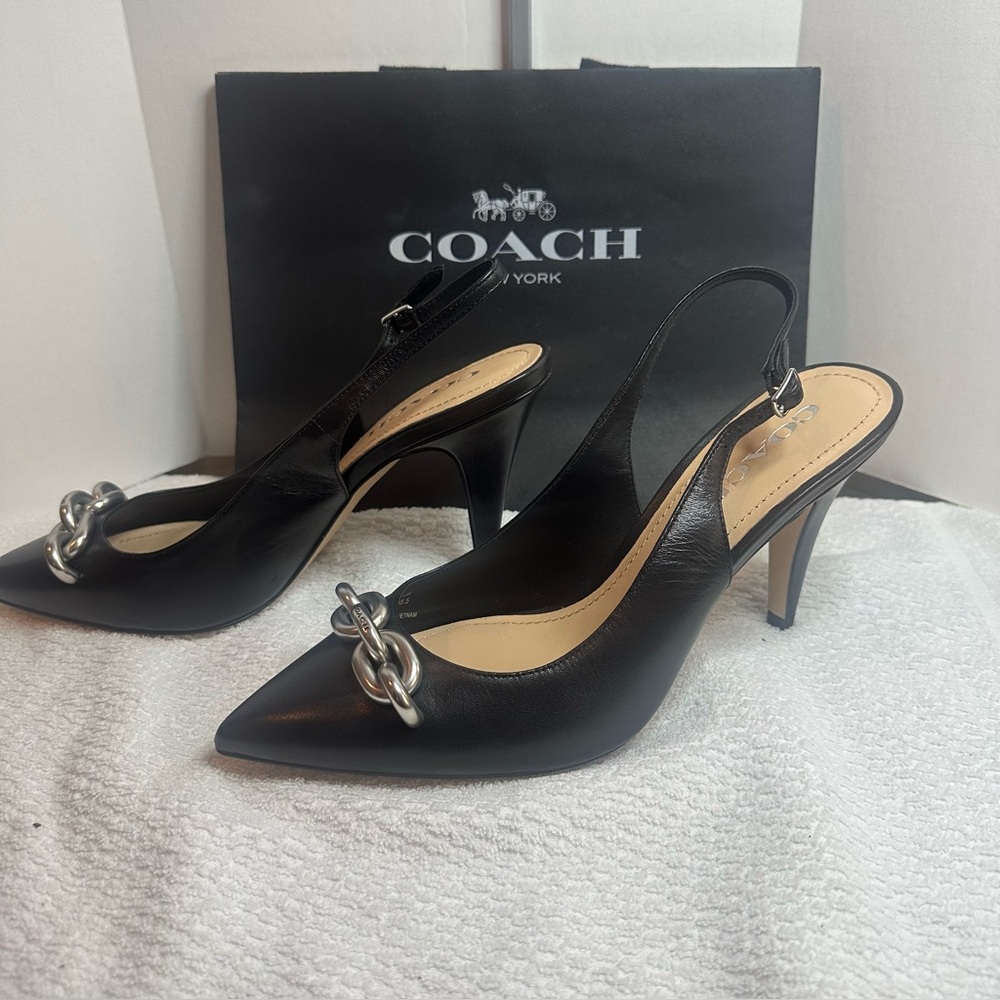 NWOT Coach Black sling back Heels with Silver Chain Accent - Picture 2 of 13